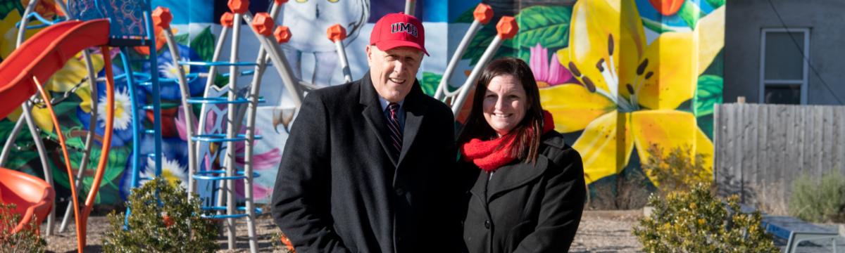 UMB President Bruce E. Jarrell, MD, FACS, and University of Maryland School of Social Work Professor Jodi Jacobson Frey, PhD, LCSW-C, CEAP, celebrate the Chase AdvancingCities award.