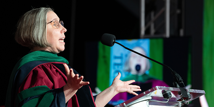 Professor Kimberly Lumpkins of the School of Medicine delivers her speech, “The Will to Fail,” at the Faculty Convocation on Sept. 12.