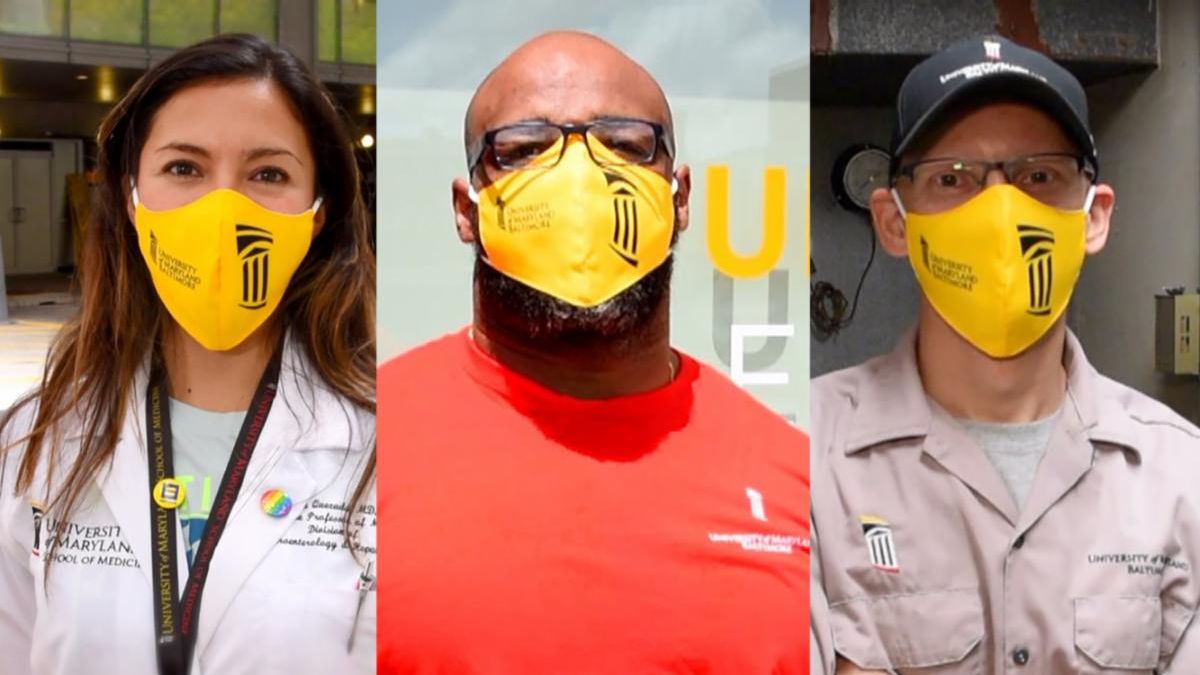 Image of three people wearing yellow UMB branded face masks 