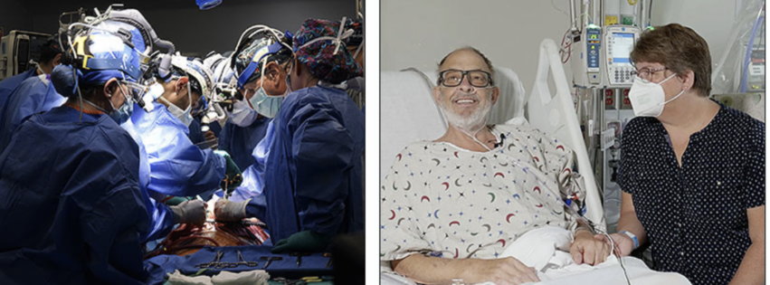 (Left) The xenotransplant surgery in progress. (Right) Laurence and Ann Faucette before his surgery.