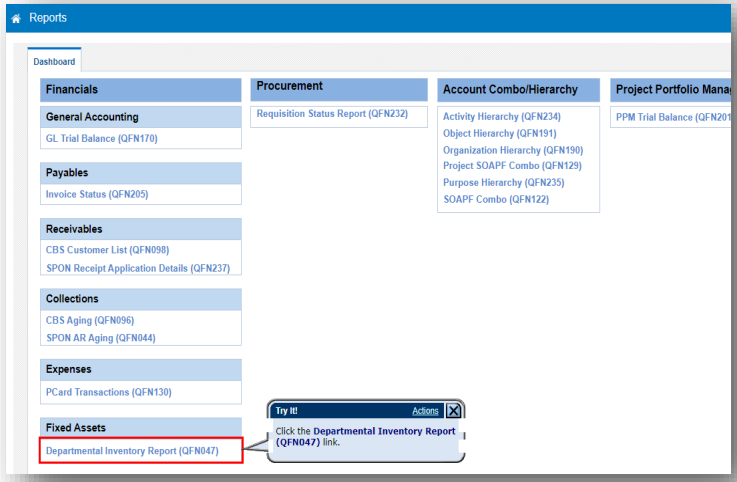 Screen shot of a Departmental Inventory Report from Quantum Financials