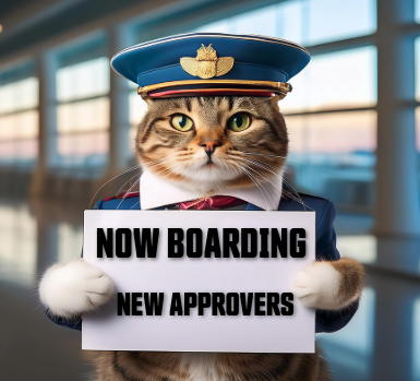 a cat icon with a pilot hat holding a sign that says Now Boarding New Approvers 