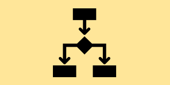 Icon showing a process with one box and arrows going to other boxes on a yellow background.