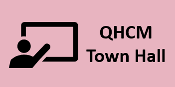 Icon of a person in front of a screen with the words QHCM Town Hall on a pink background