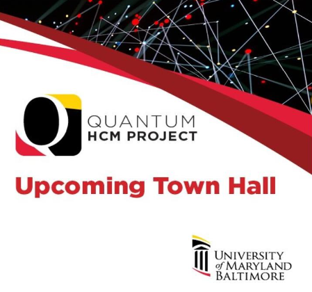 Quantum HCM Project Upcoming Town Hall with UMB logo and black background resembling space with tiny white dots like stars and red dots connected with white lines separated from the text by a red ribb