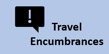 Exclamation point in a speech bubble next to the words Travel Encumbrance on a blue background