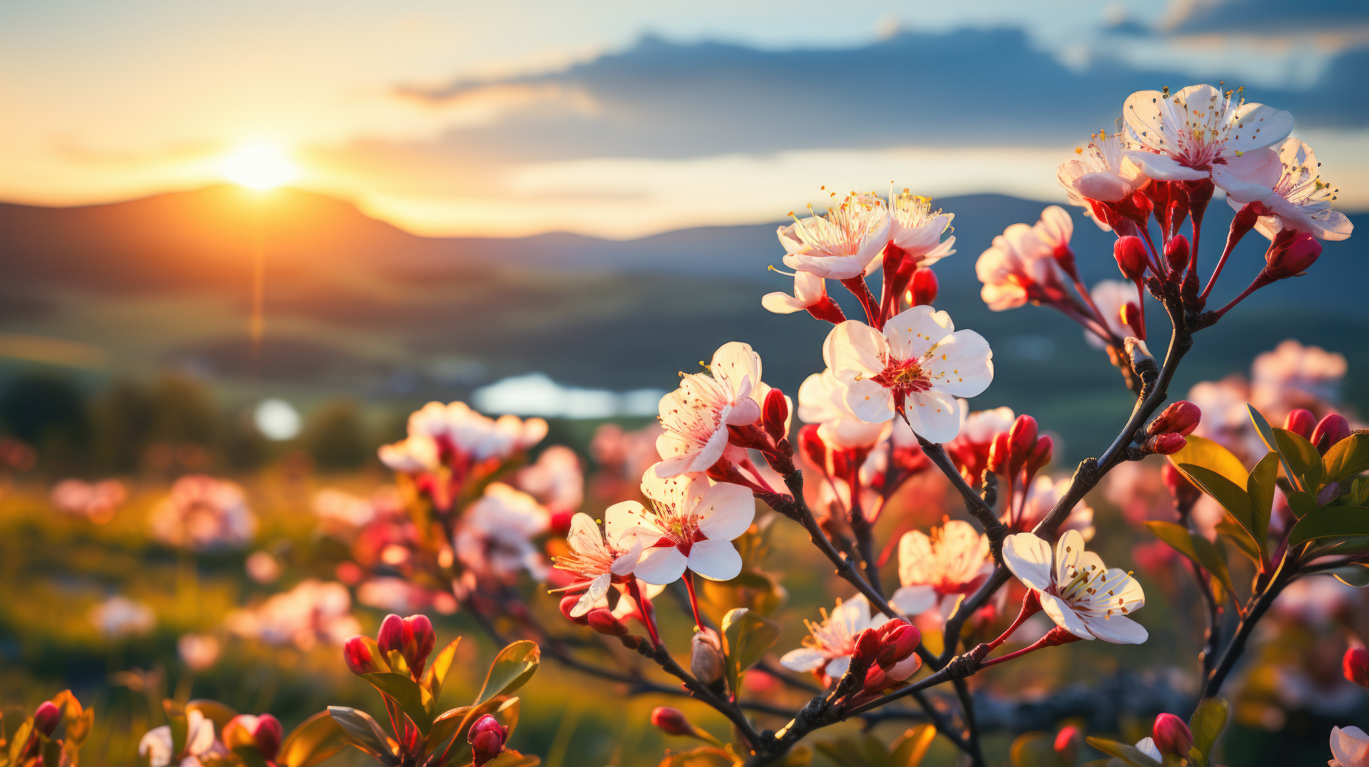 cherry blossoms at branches at sunset with a mountain backdrop
