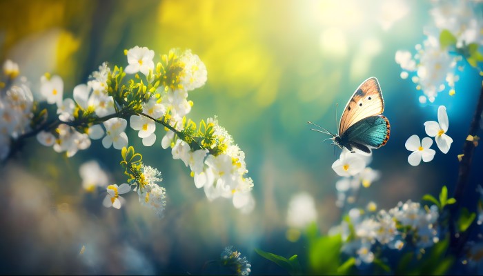 blurred spring background nature with blooming glade, butterfly, and blue sky on a sunny day