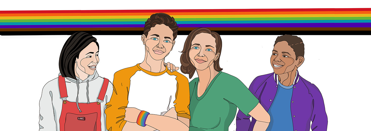 Four people in front of a rainbow banner