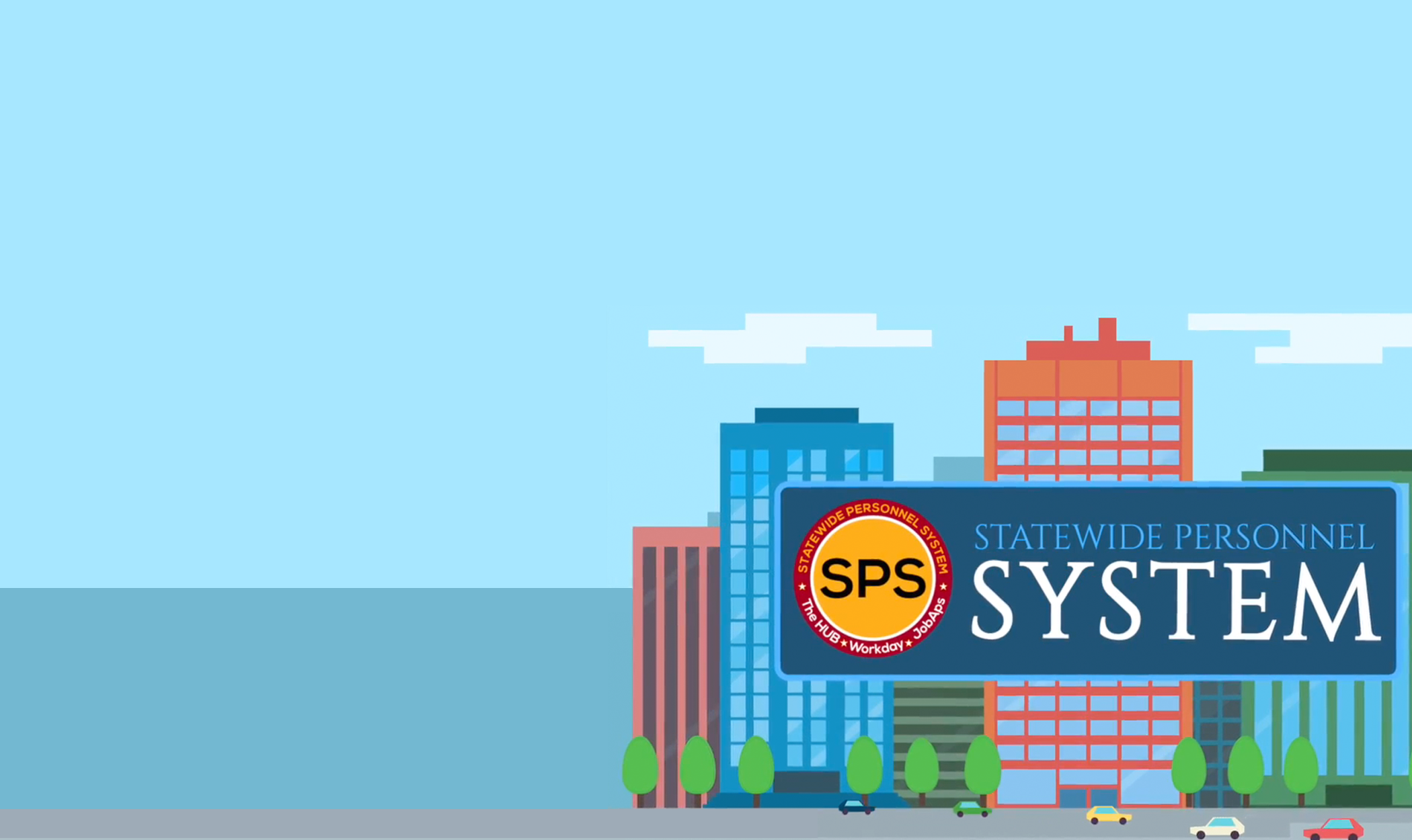 A cityscape with the Maryland SPS Workday logo.