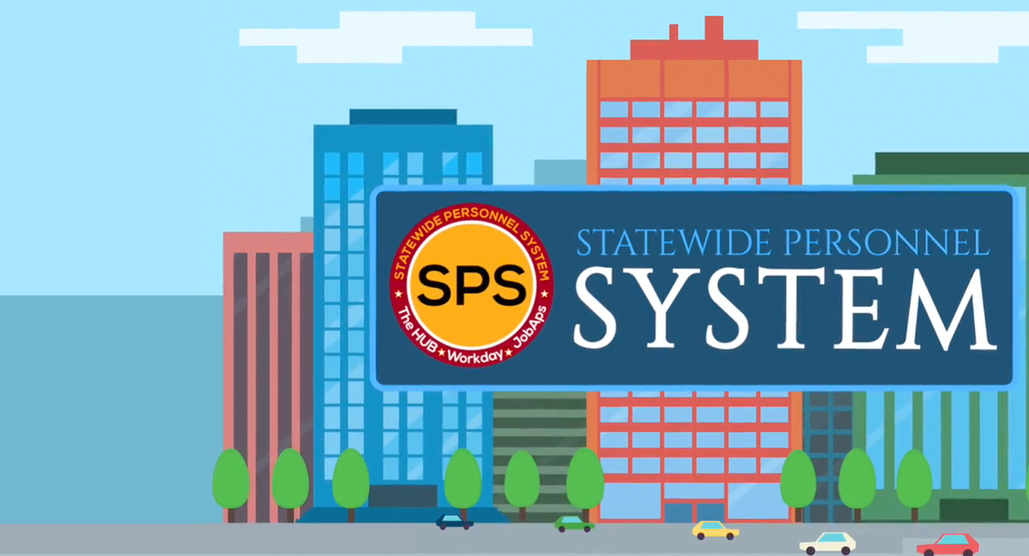 The SPS Workday logo over a cityscape.