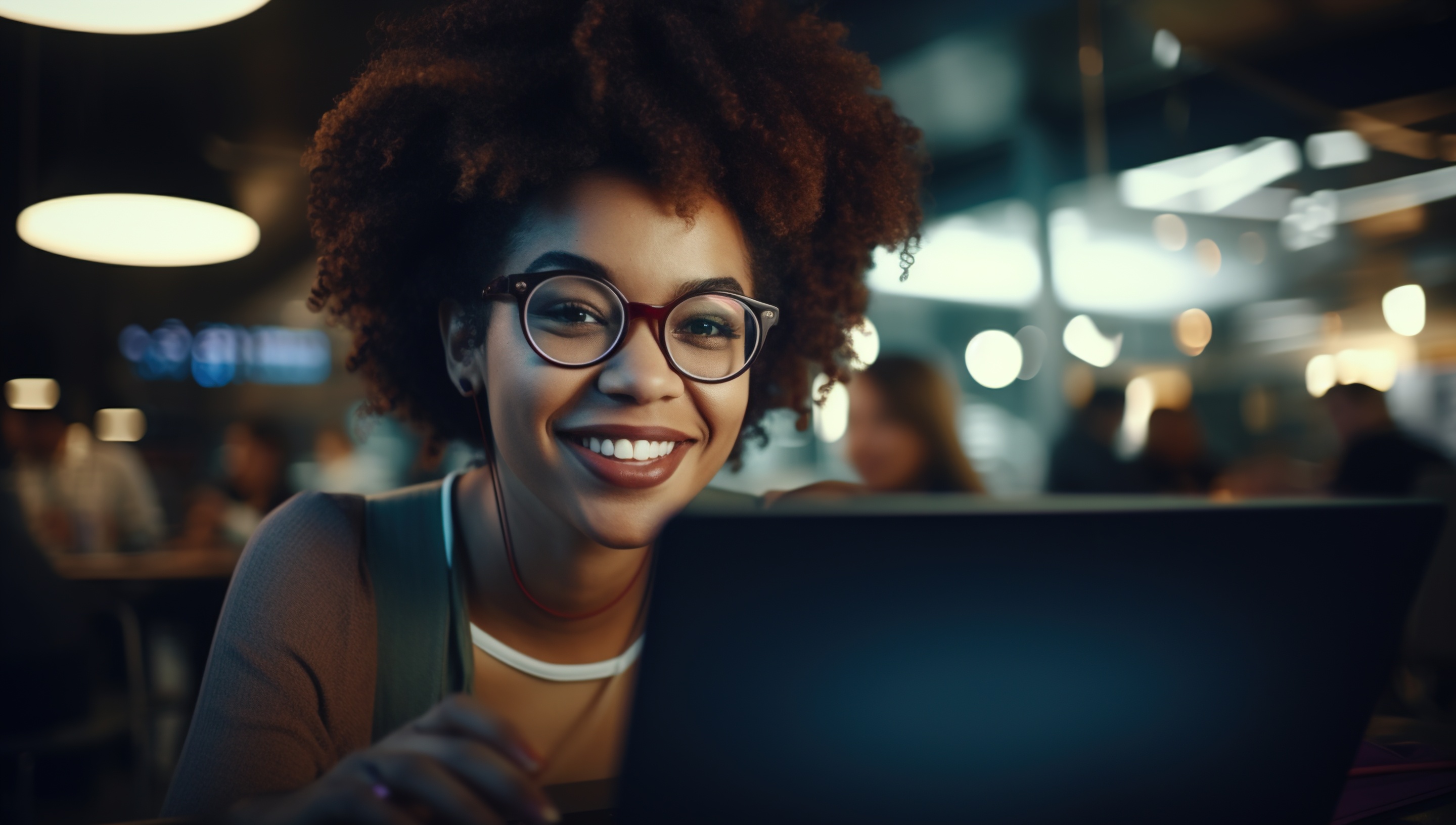 back woman smiling while using laptop