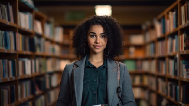 female student standing in front of book shelves in college library