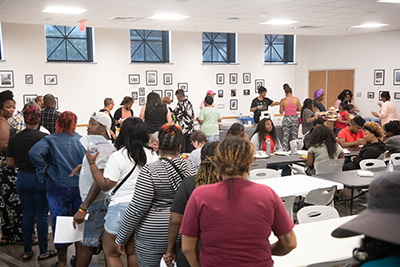 People in line for community lunch