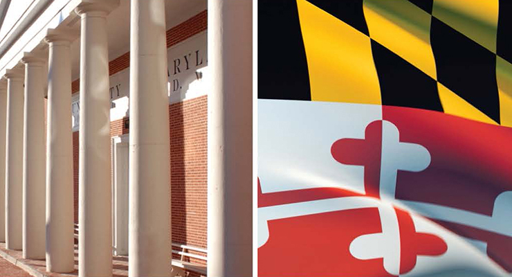 UMB's Davidge Hall building, and the Maryland state flag