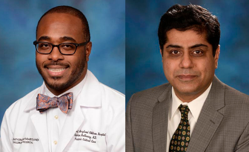 Headshot of black man in white medical jacket next to photo of BIPOC man in suit