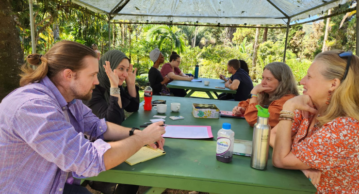 A group of people sit at a picnic table outside talking and working