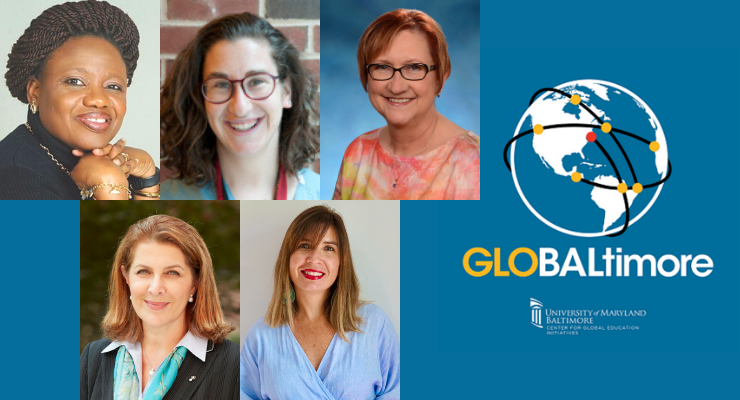 Five headshots of women on the left side with the GLOBALtimore logo on the right, with a blue background behind everything