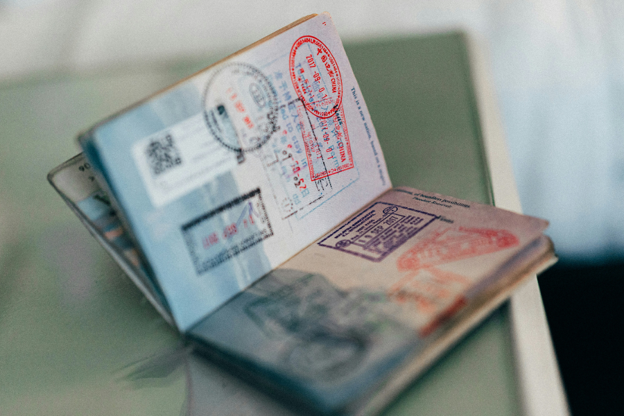 An open passport on a table