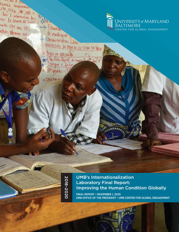 Report cover with people in Africa learning over table with white board behind them