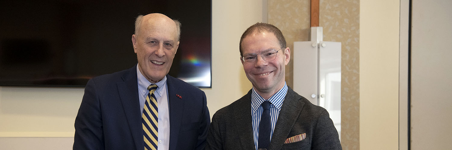 Greg Lindsey, urbanist, futurist, and globalist, with UMB President Bruce E. Jarrell, MD, FACS