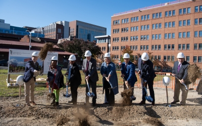 The University of Maryland School of Social Work broke ground Thursday, Oc. 17, on its new, $120 million building that will be the first net-zero energy building in downtown Baltimore. From left, Whiting-Turner President and CEO Tim Regan; Family Support Network Director Karen Brown; School of Social Work student School SGA President Courtney Fullwood; University of Maryland, Baltimore President B