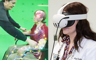 Student wearing VR goggles watches doctor examine patient.