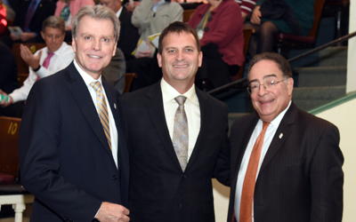 L-R, Mark A. Reynolds, DDS, PhD, dean and professor of the University of Maryland School of Dentistry (UMSOD); 2017 Researcher of the Year Robert K. “Bob” Ernst, PhD, professor at UMSOD; and UMB President Jay A. Perman, MD.