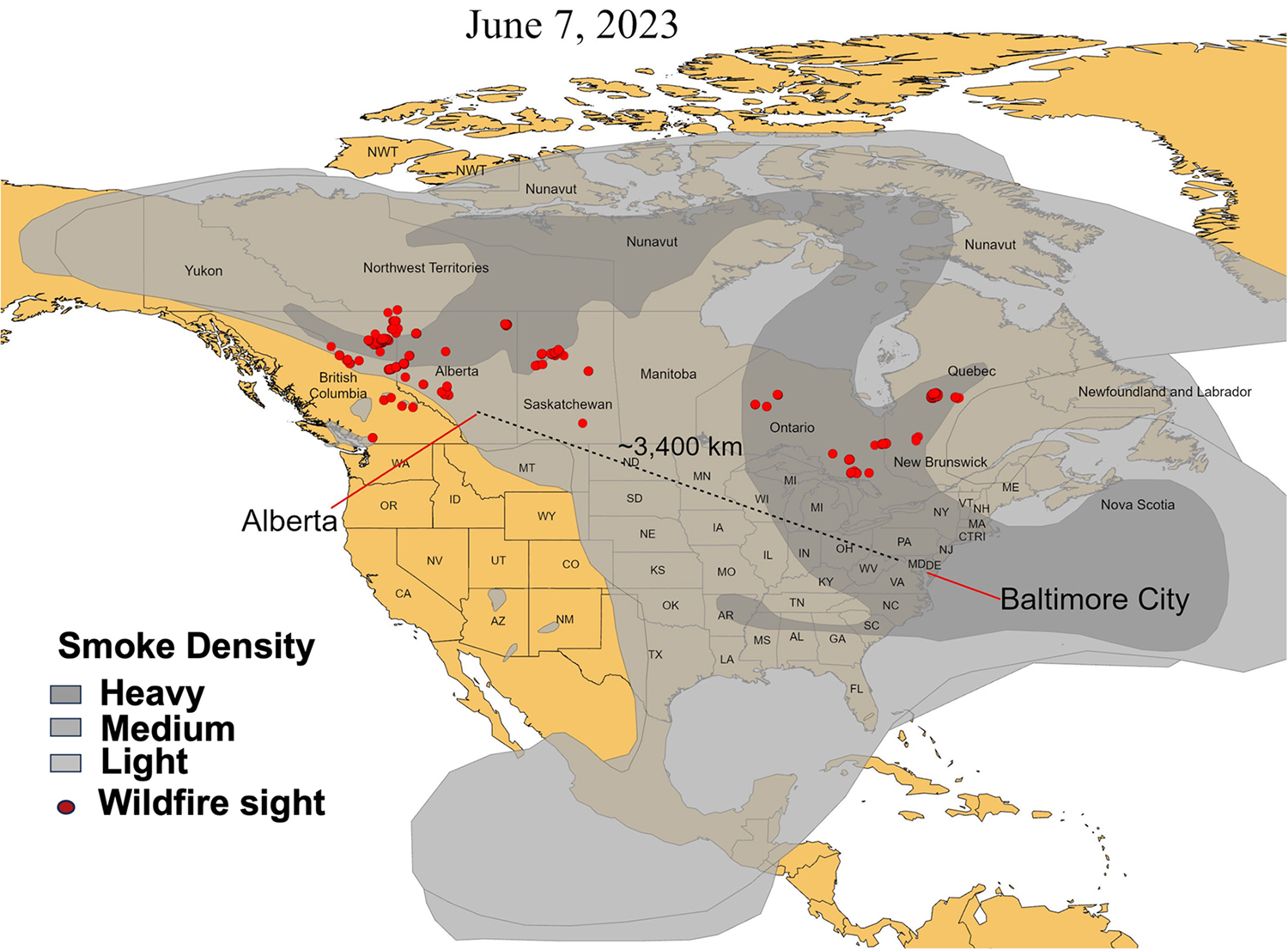 Map shows dispersal area of wildfire smoke across North America.