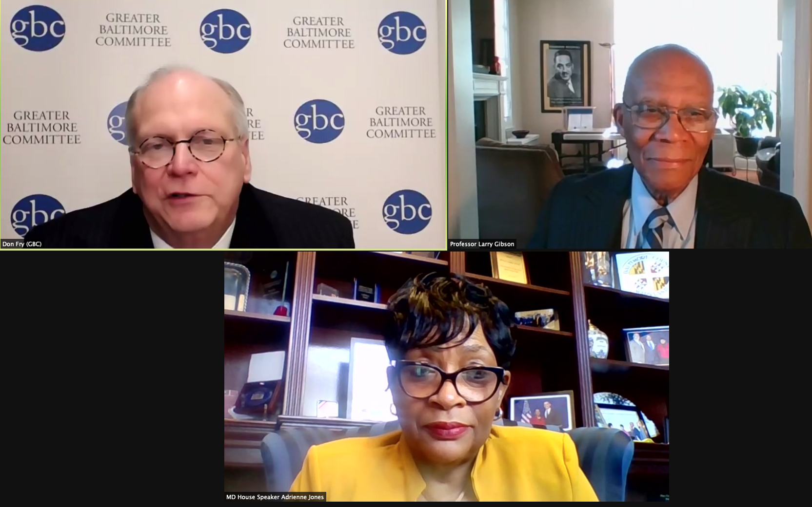 Top left to right: Donald Fry, CEO, Greater Baltimore Committee, and Larry Gibson, professor, Maryland Carey Law. Bottom: Speaker of the Maryland House of Delegates Adrienne Jones. 