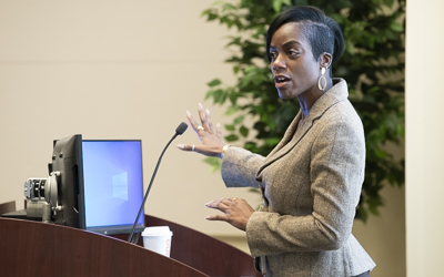 Malika Monger, MPA, PHR, associate vice president and chief human resources officer, speaks during Future of Work Town Hall.