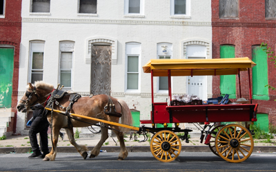 Anthony Savoy who has been an arabber in Baltimore for over 50 years leads his horse-drawn cart to delivery the donated bread and chicken to West Baltimore residents.