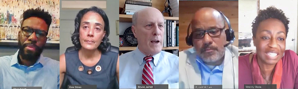 (l-r) Chaz Arnett, associate professor, Maryland Carey Law; Elsie Stines, assistant vice president, special projects and initiatives, and chair, Diversity Advisory Council, UMB; Bruce Jarrell, interim president, UMB; Russell McClain, professor and associate dean for diversity and inclusion, Maryland Carey Law; and Wendy Shaia, clinical associate professor, School of Social Work.