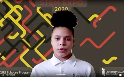 Jaliyah Smith, a scholar in Cohort 5, delivers one of the keynote speeches at the CURE STEM Expo. 