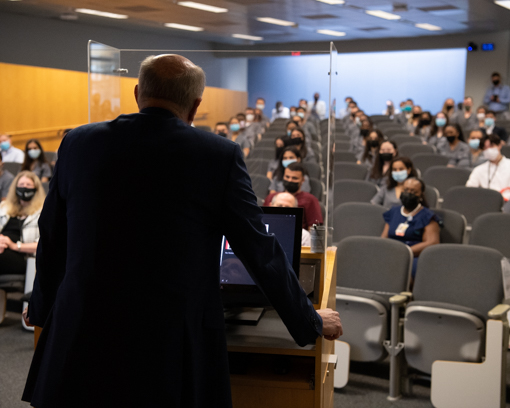 University of Maryland, Baltimore President Bruce E. Jarrell welcomes new dental students to campus.