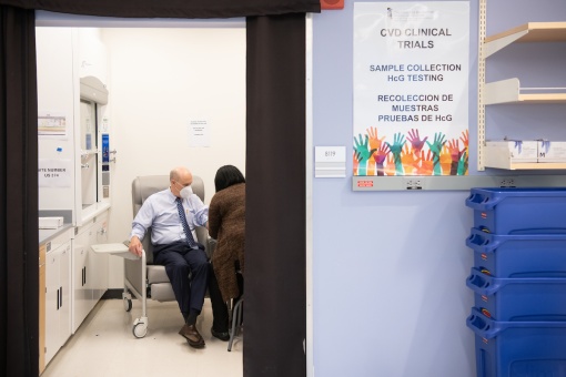 This photo of UMB President Bruce E. Jarrell, MD, FACS, appeared in Rolling Stone. Here, Jarrell is participating in the Moderna mRNA vaccine trial on his first day as president. Matthew Paul D'Agostino / UMB