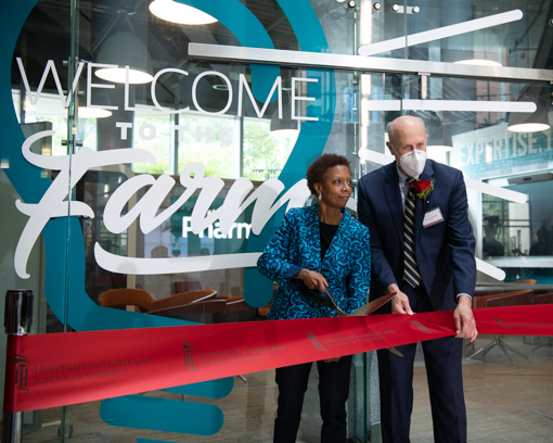 University of Maryland School of Pharmacy Dean Natalie Eddington and University of Maryland, Baltimore President Bruce E. Jarrell cut the ribbon on the new Pharmapreneurs' Farm.