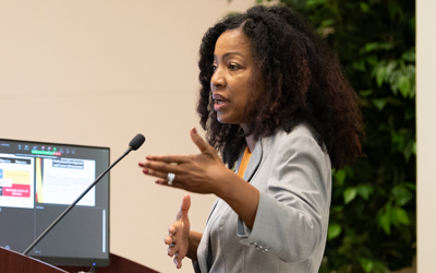 Diane Forbes Berthoud, PhD, MA, discusses “Weaving University REPS: Diversity Action and Accountability Plan” during hybrid town hall.