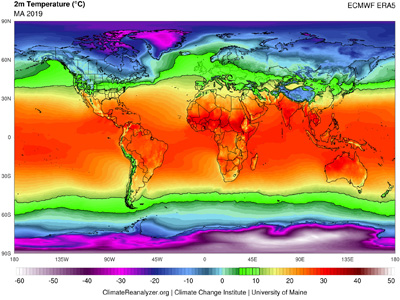 This map reflects average temperature data from March 2019 to April 2019 to predict the at-risk zone for community transmission of COVID-19. The zone at risk for significant community spread in the near term includes land areas within the green bands, outlined in dark black, but may change based on actual average temperatures in 2020 during this time period.  (Image from Climate Reanalyzer)