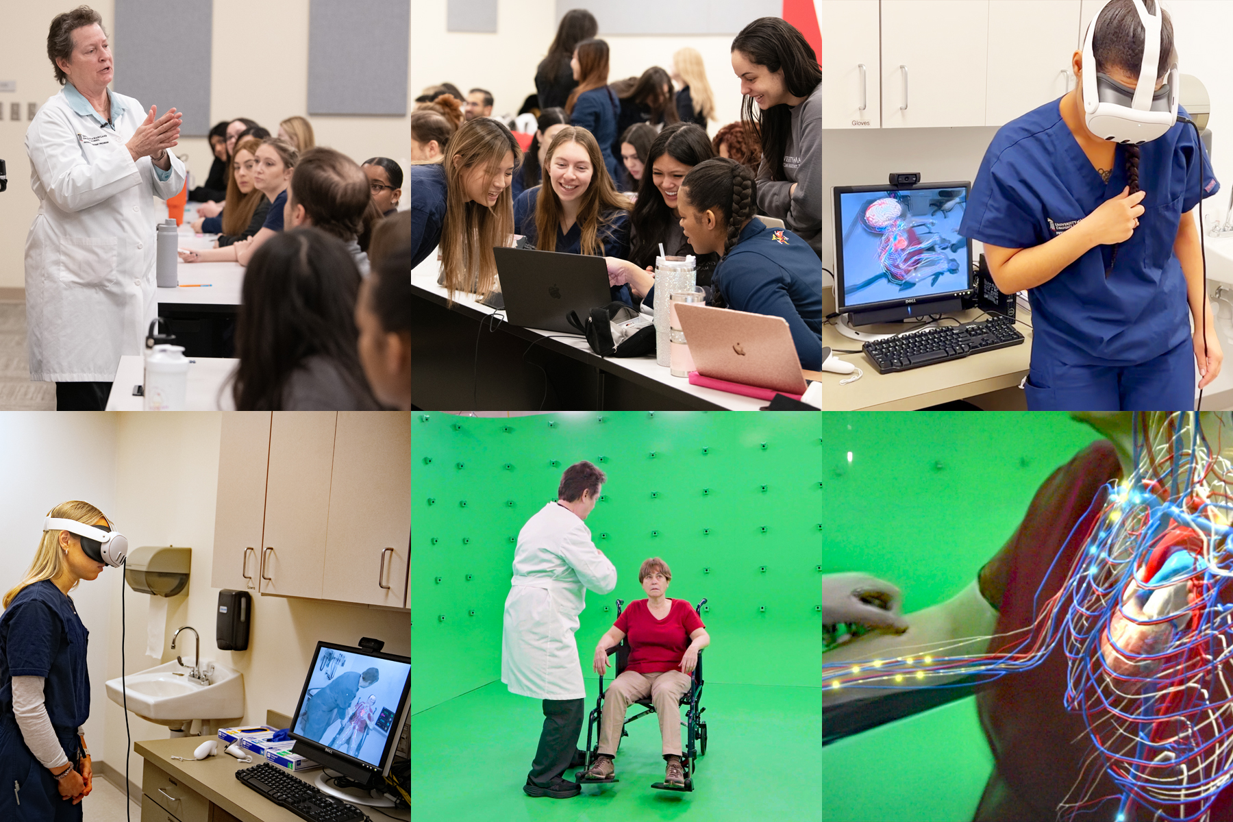 (clockwise from upper left) Prof. Hendrix preps her students, students watch a virtual exam together, Simone Hill looks down at virtual patient, animated overlay shows blood flow and nerve signals, inside the Holocamera studio, Meg Rice participates in a virtual exam