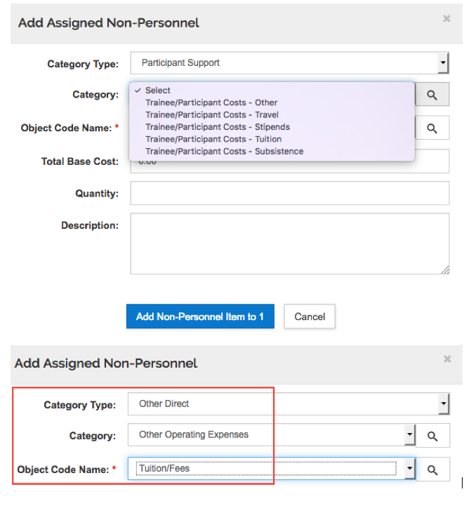 Screenshots to illustrate selection of object codes related to NIH fellowship proposals