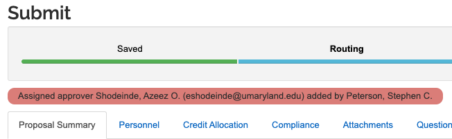 Image from proposal Summary/Submit tab showing assigned approver