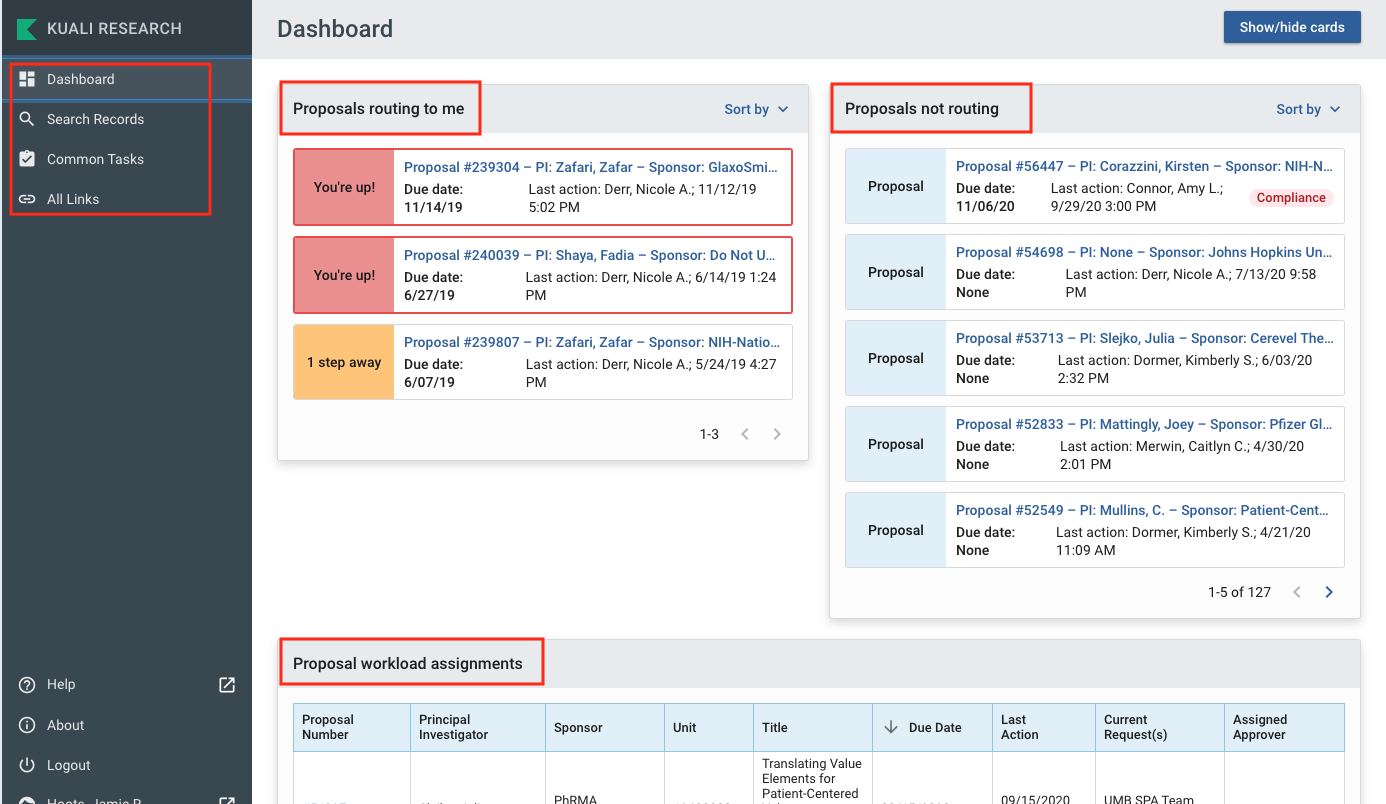 Screenshot of Kuali Dashboard highlighting 3 cards and left navigation