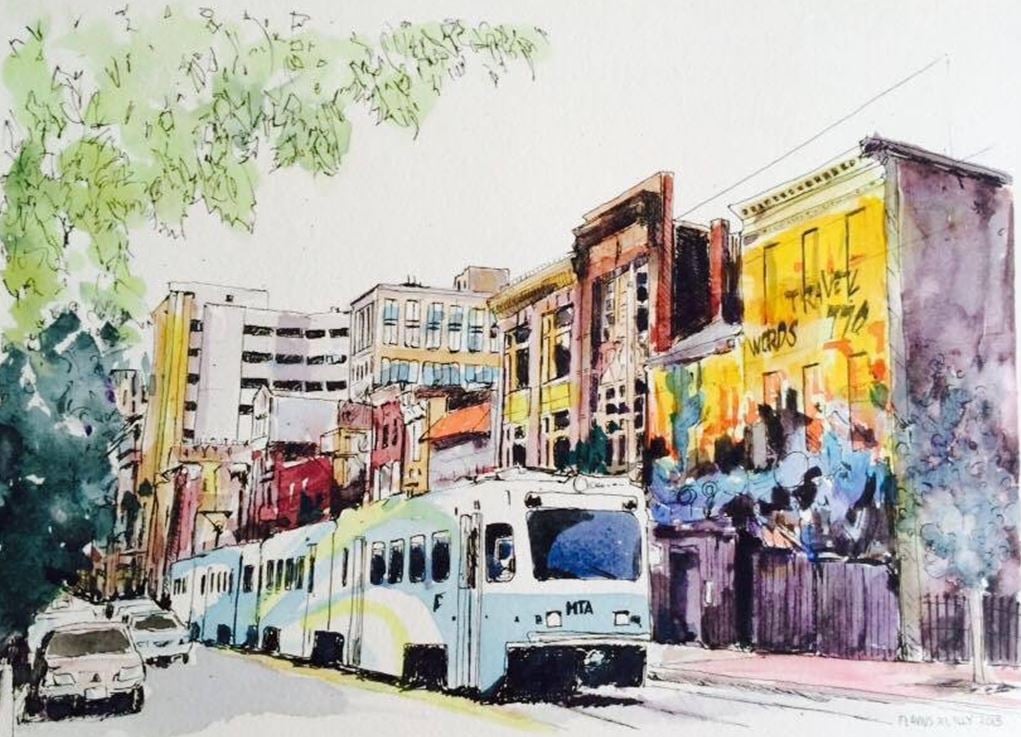 A watercolor painting of the light rail traveling through a Baltimore neighborhood, painted by Flavius Lilly, PhD, MA, MPH