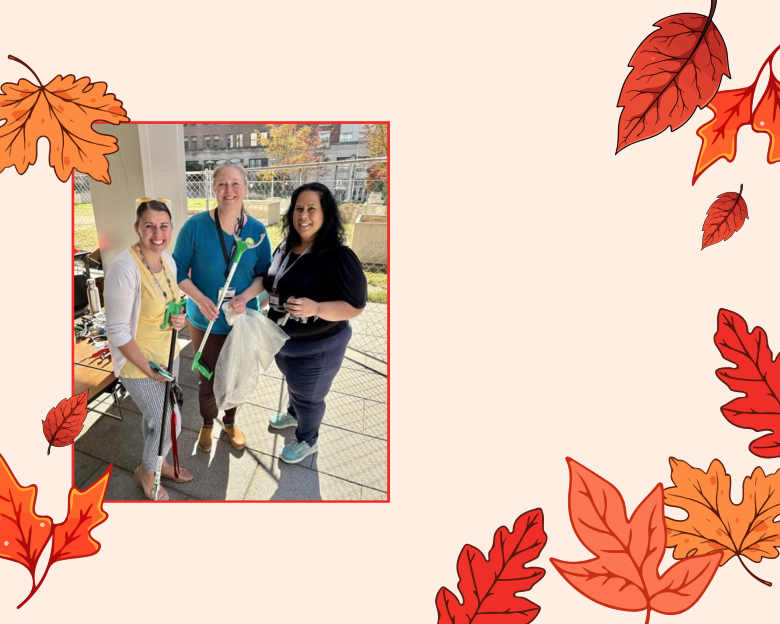 3 people posing and smiling while holding grabbers and a garbage bag, on a fall backdrop