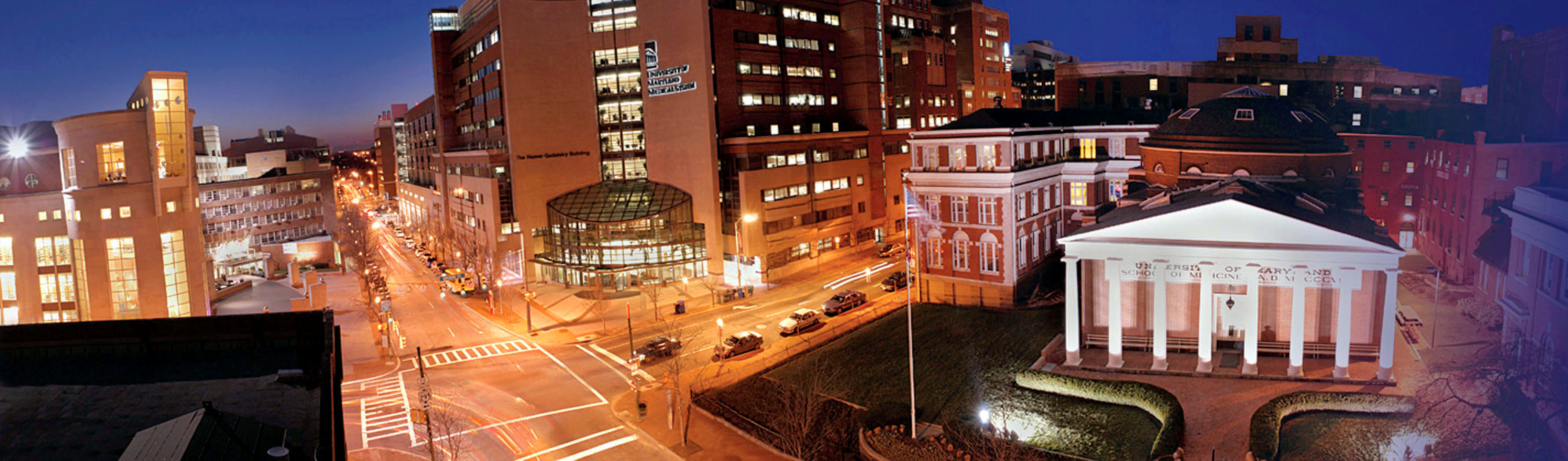 A view of Davidge Hall and the surrounding area at night