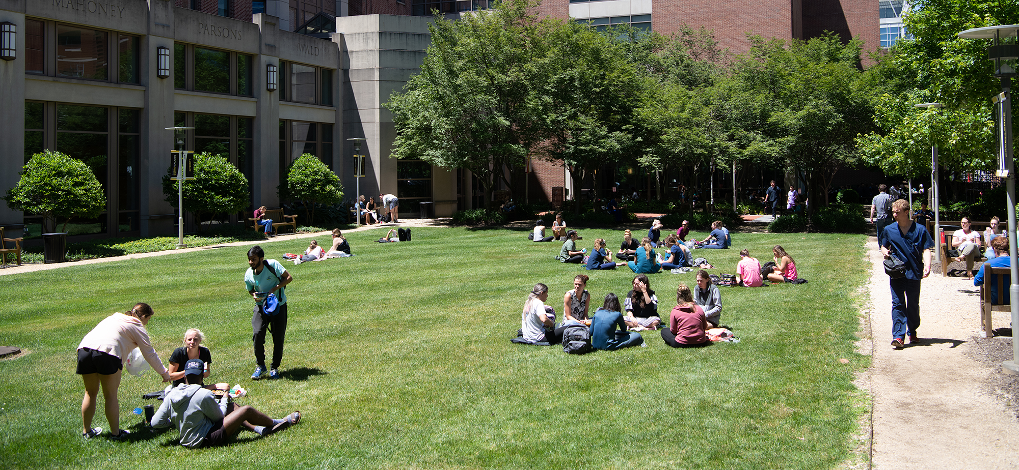 Students sitting around campus