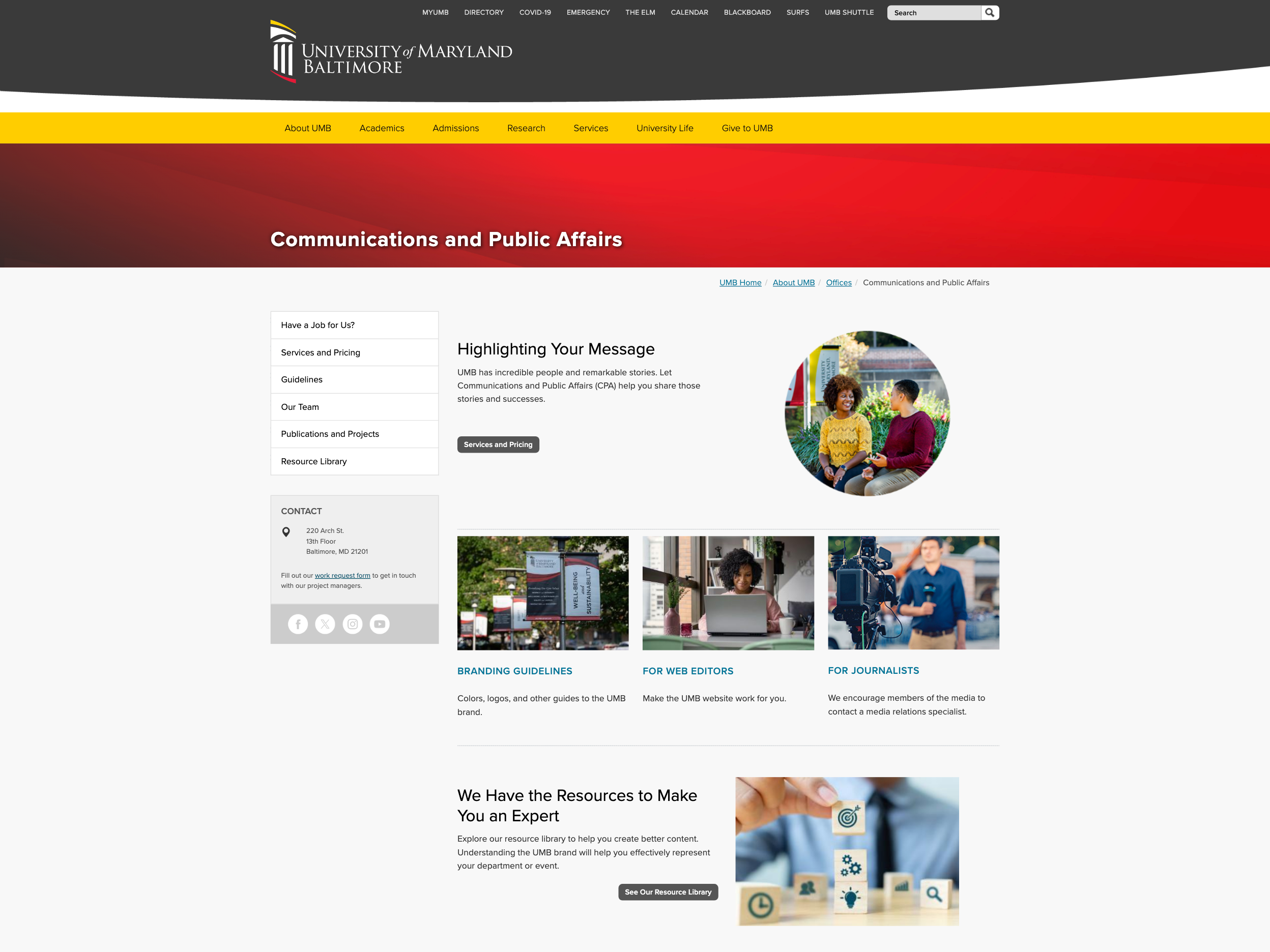 A screenshot of the Communications and Public Affairs homepage in the old UMB templates